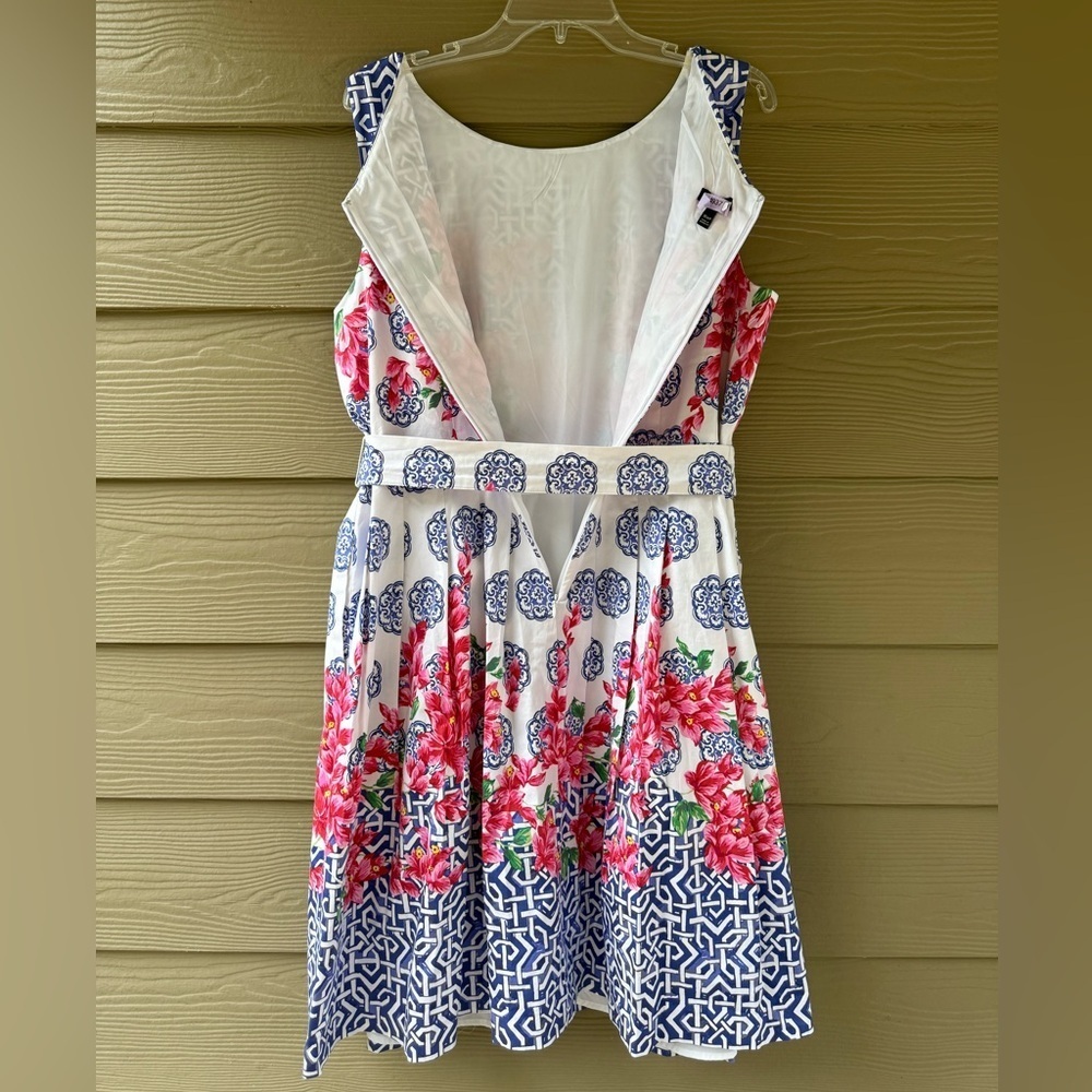 TALBOTS Mosaic Floral Sateen Pink Blue Cotton Stretch Fit & Flare Dress Sz 16WP - Picture 9 of 15